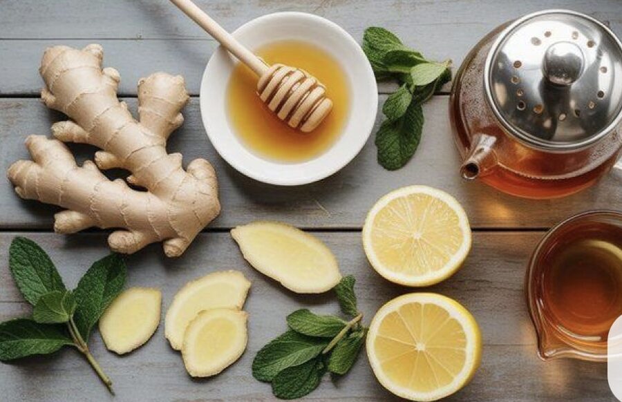 Ρόφημα τζίντζερ μέλι λεμόνι με χειροποίητα κεραμικά σκεύη