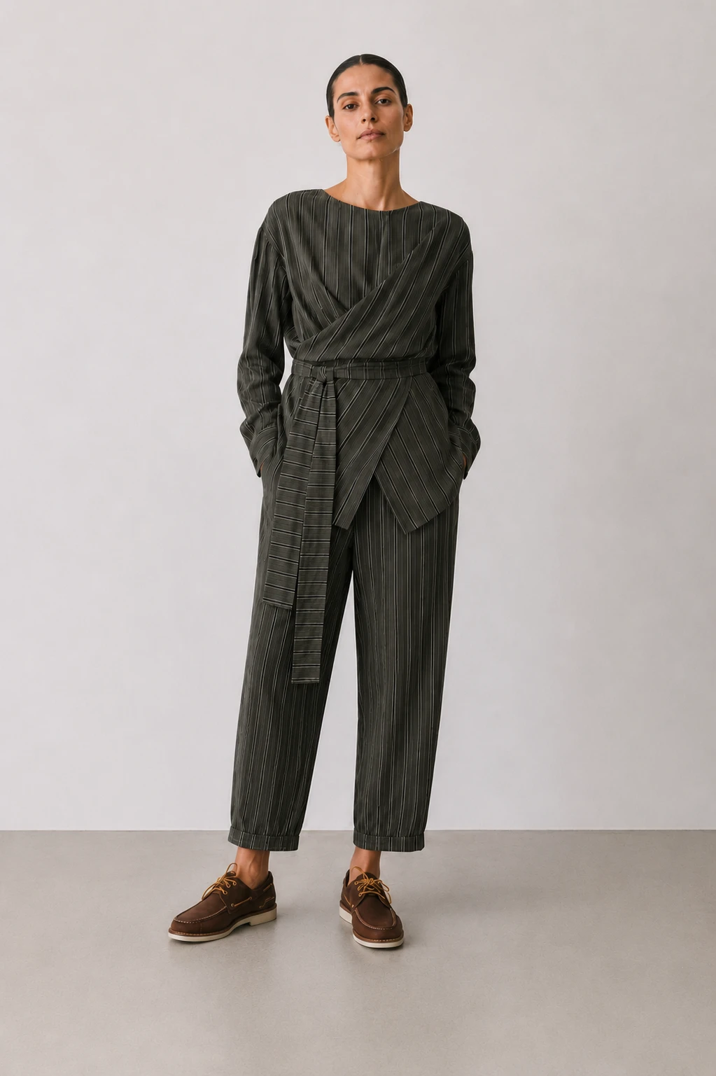 Long-Sleeve Striped Wrap Top